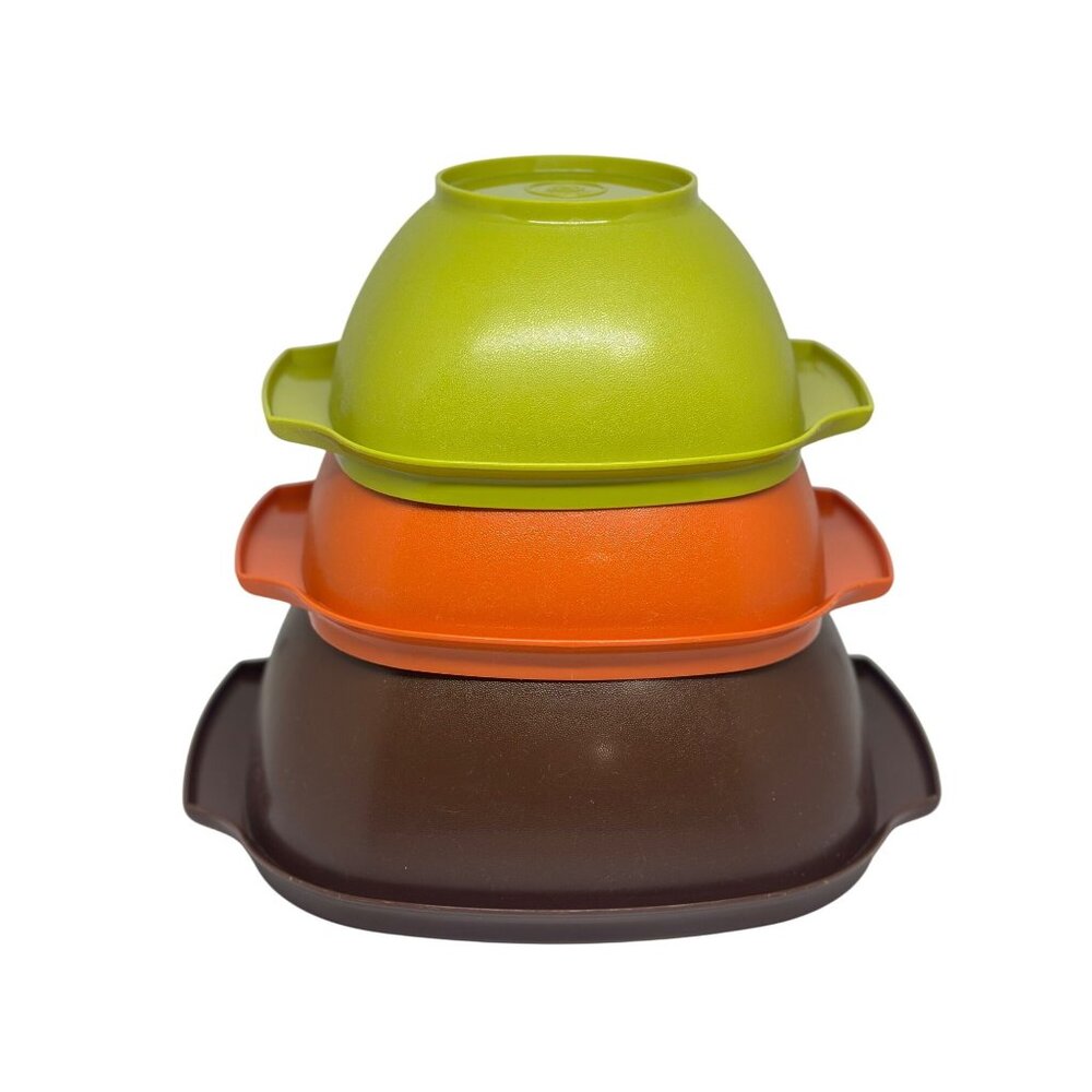 VTG Tupperware Stackable Bowls With Handles In Green Orange & Brown READ Decor